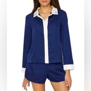 Kate Spade Women’s Pj top Collared “Cat Nap” Embroidery Size‎ S Navy